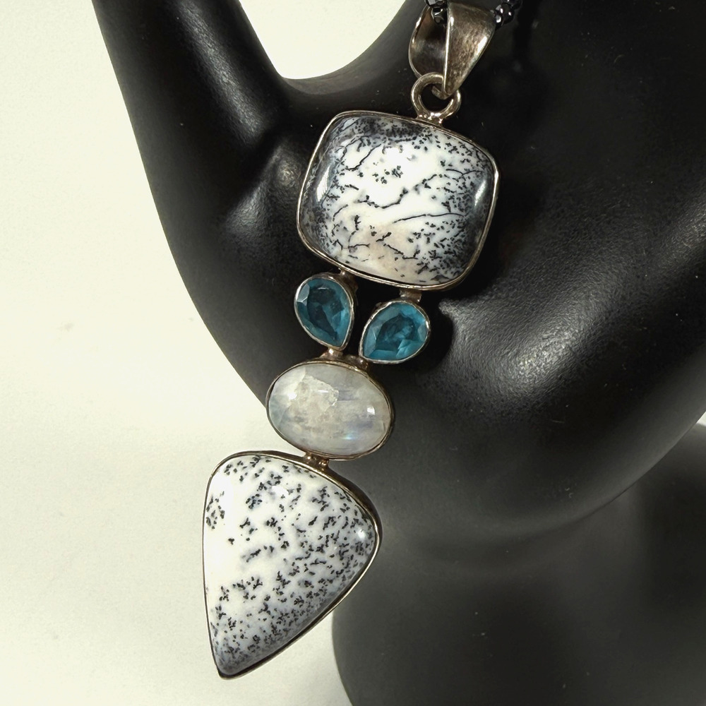 Dendritic Agate Sterling Silver Pendant Necklace w/Moonstone & Aquamarine? 2.5"